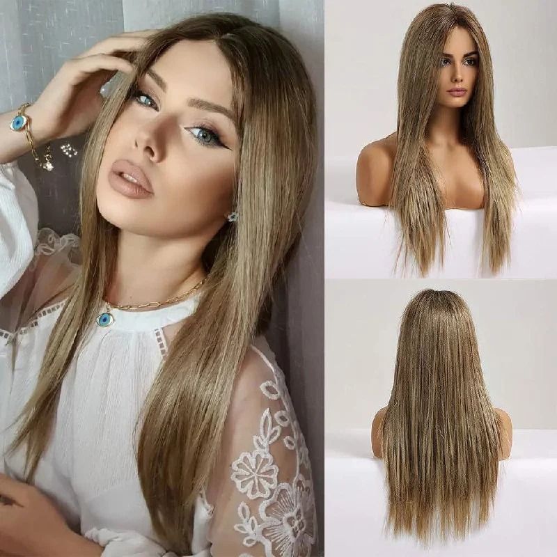 Straight wig with a side - part for a sophisticated look 21 Inches With Baby Hairs Lace Front Wig Synthetic Wig  -  Chichi