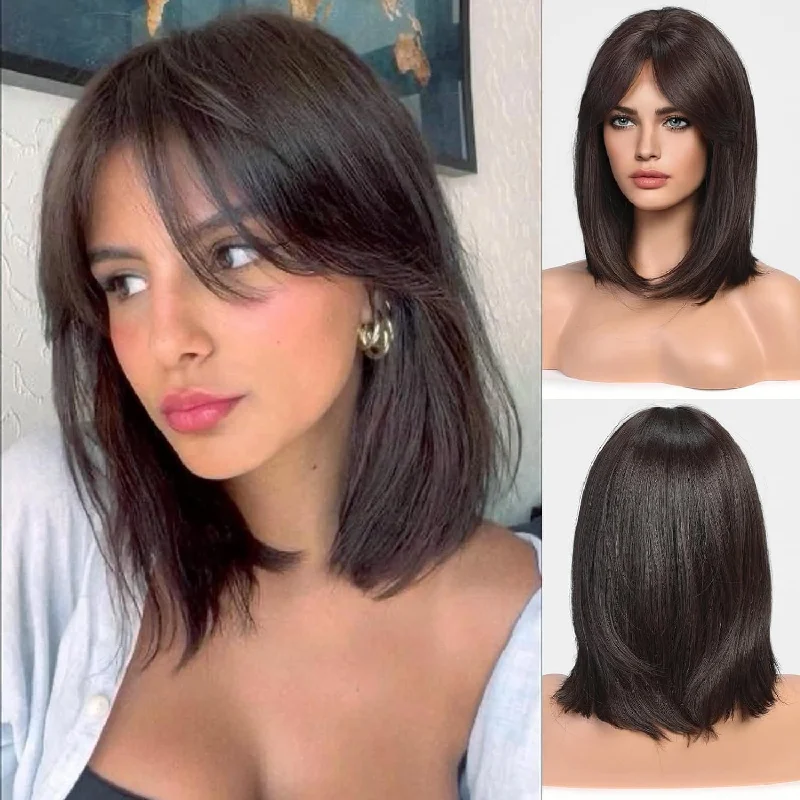 Straight wig in black color for a sleek and timeless look HAIRCUBE Chic Espresso - Shoulder-Length Straight Wig with Curtain Bangs Straight wig in black color for a sleek and timeless look HAIRCUBE Chic Espresso - Shoulder-Length Straight Wig with Curtain Bangs