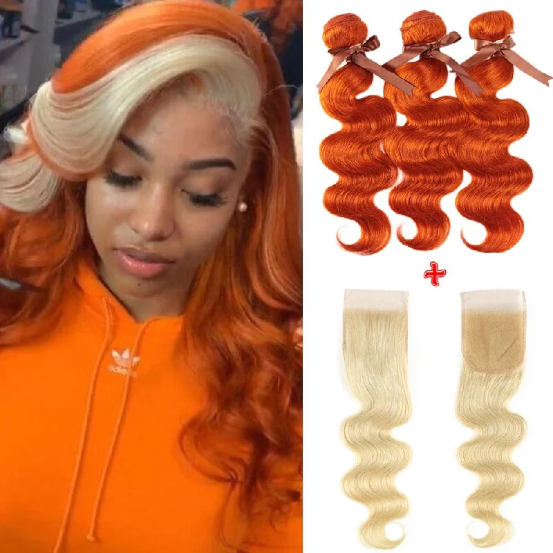 Colored wig with a straight texture for a sleek and minimalist look SULMY Orange Hair Weave Bundles With Blonde Closure Streaks In Front Colored wig with a straight texture for a sleek and minimalist look SULMY Orange Hair Weave Bundles With Blonde Closure Streaks In Front