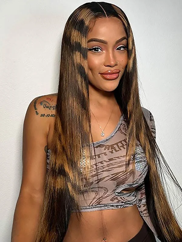 Colored wig with a silk - base cap for a comfortable and smooth feel Junoda Straight Zebra Print Hair Caramel Blonde Black Mix Color Human Hair Lace Wig Colored wig with a silk - base cap for a comfortable and smooth feel Junoda Straight Zebra Print Hair Caramel Blonde Black Mix Color Human Hair Lace Wig