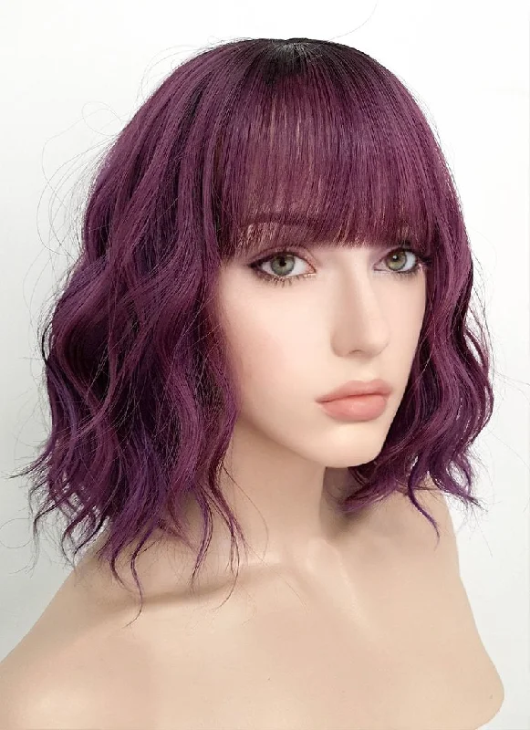  Mixed Purple With Dark Roots Wavy Bob Synthetic Wig NS114