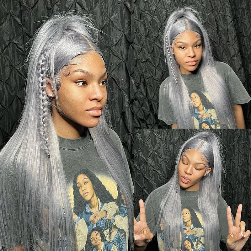 Straight wig made from Remy hair for high - quality texture Sterly Grey Long Silky Straight 4×4 13×4 Frontal Lace Wig Colored Human Hair Wigs