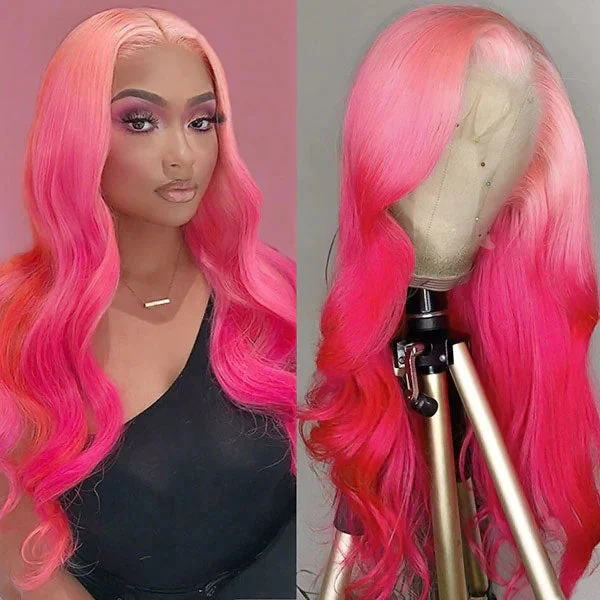 Colored wig in a vibrant pink color for a bold and eye - catching look Junoda Ombre Pink Body Wave Wig 2 Tone Colored Human Hair Lace Front Wig Colored wig in a vibrant pink color for a bold and eye - catching look Junoda Ombre Pink Body Wave Wig 2 Tone Colored Human Hair Lace Front Wig