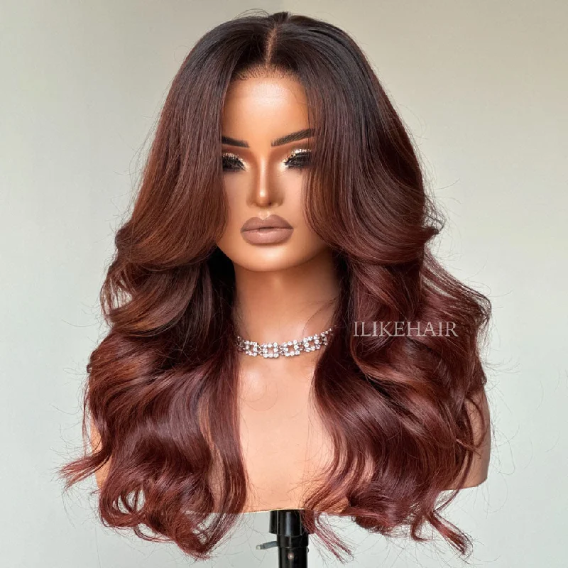 Colored wig with a side - swept bang for a sophisticated look Long Layers Ombre Reddish Brown Body Wave Lace Closure Wig Colored wig with a side - swept bang for a sophisticated look Long Layers Ombre Reddish Brown Body Wave Lace Closure Wig