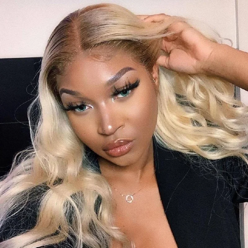 Human - hair colored wig for a natural and luxurious feel 613 Honey Blonde Wig with #4 Dark Brown Root Wigs 100% Human Hair Human - hair colored wig for a natural and luxurious feel 613 Honey Blonde Wig with #4 Dark Brown Root Wigs 100% Human Hair