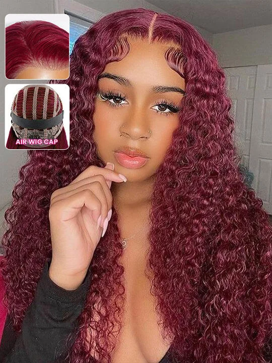 Colored wig with a wispy fringe for a soft and feminine look [Air Wig] 99J Burgundy 13x4 Lace Wig Deep Curly Human Hair