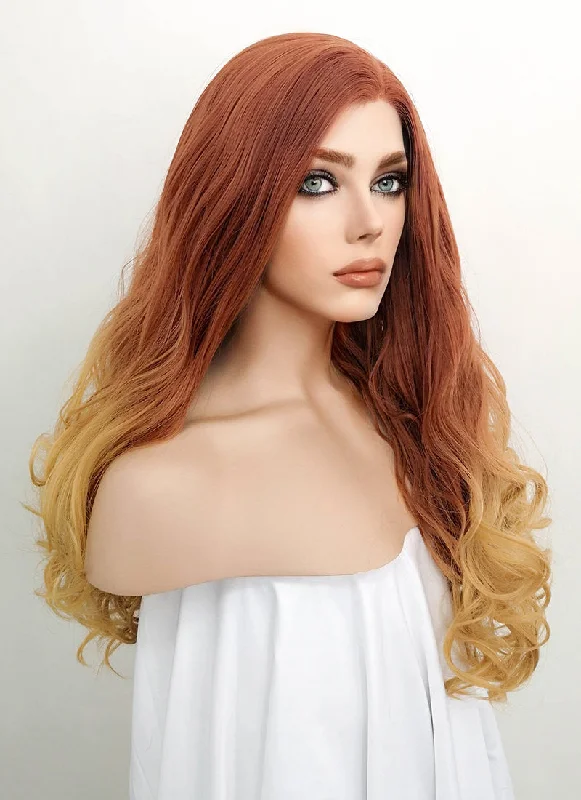 Wavy Wigs for Diamond - Shaped Faces Light Auburn Yellow Blonde Ombre Wavy Lace Front Synthetic Wig LF085H Wavy Wigs for Diamond - Shaped Faces Light Auburn Yellow Blonde Ombre Wavy Lace Front Synthetic Wig LF085H