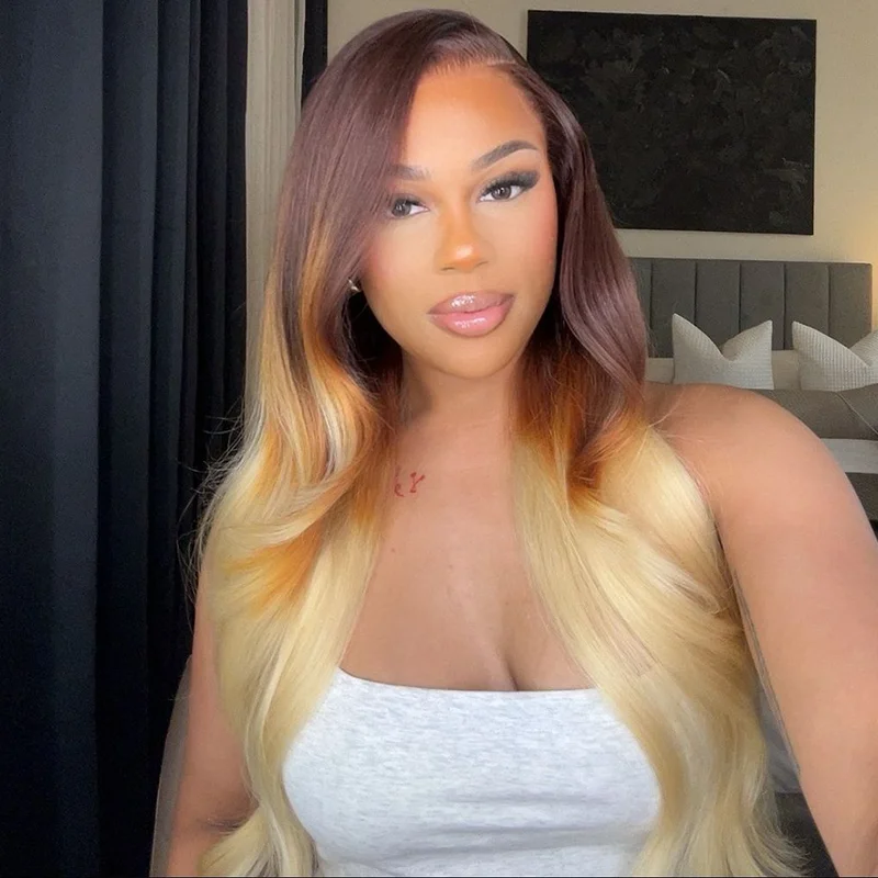 Straight wig for a DIY hair - styling project Sterly Dark Brown with Blonde Ombre 13x6 Straight Lace Front Human Hair Wigs