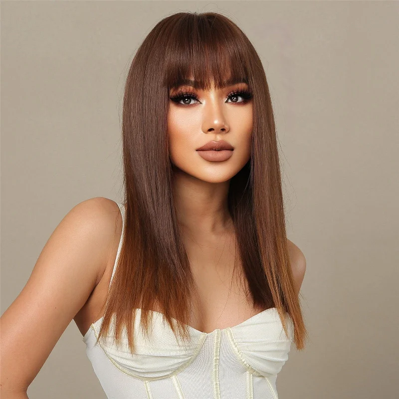 Straight wig for African - American women with suitable texture 18 Inches Narural Warm Brown Straight Synthetic Wig- Carice