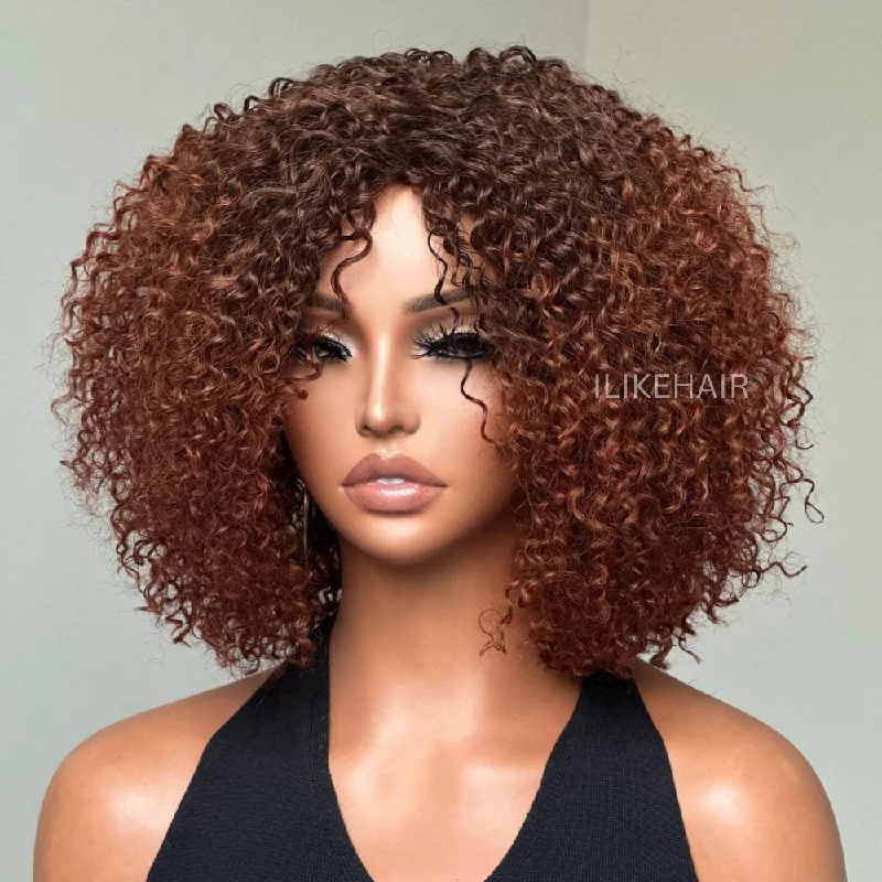 Colored wig with a pre - bleached knot for a natural - looking scalp Put On & Go Ombre Auburn Brown Kinky Curly Wig Colored wig with a pre - bleached knot for a natural - looking scalp Put On & Go Ombre Auburn Brown Kinky Curly Wig