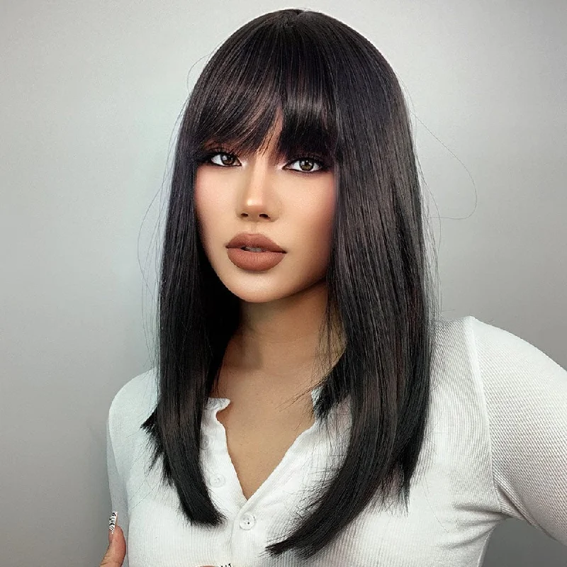Full - lace straight wig for 360 - degree natural movement 18 Inches Straight With Bangs Synthetic Wig - Colette