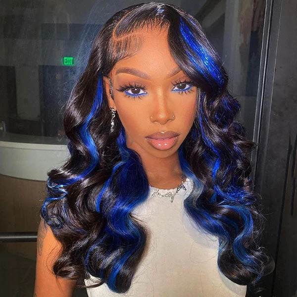 Colored wig with a pre - bleached knot for a natural - looking scalp Junoda Highlight Blue Body Wave Wig Colored 13x4 Lace Front Human Hair Wigs Colored wig with a pre - bleached knot for a natural - looking scalp Junoda Highlight Blue Body Wave Wig Colored 13x4 Lace Front Human Hair Wigs