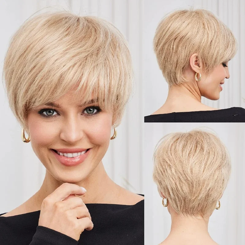Thick straight wig for a full - bodied look HAIRCUBE Short Creamy Blonde 100% Human Hair Pixie Cut Straight Wig Thick straight wig for a full - bodied look HAIRCUBE Short Creamy Blonde 100% Human Hair Pixie Cut Straight Wig