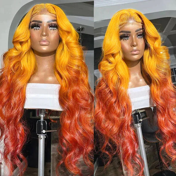 Synthetic colored wig with a heat - resistant formula for easy styling Junoda Yellow Orange Body Wave Ombre Human Hair Wigs 2 Tone Color Lace Wig Synthetic colored wig with a heat - resistant formula for easy styling Junoda Yellow Orange Body Wave Ombre Human Hair Wigs 2 Tone Color Lace Wig