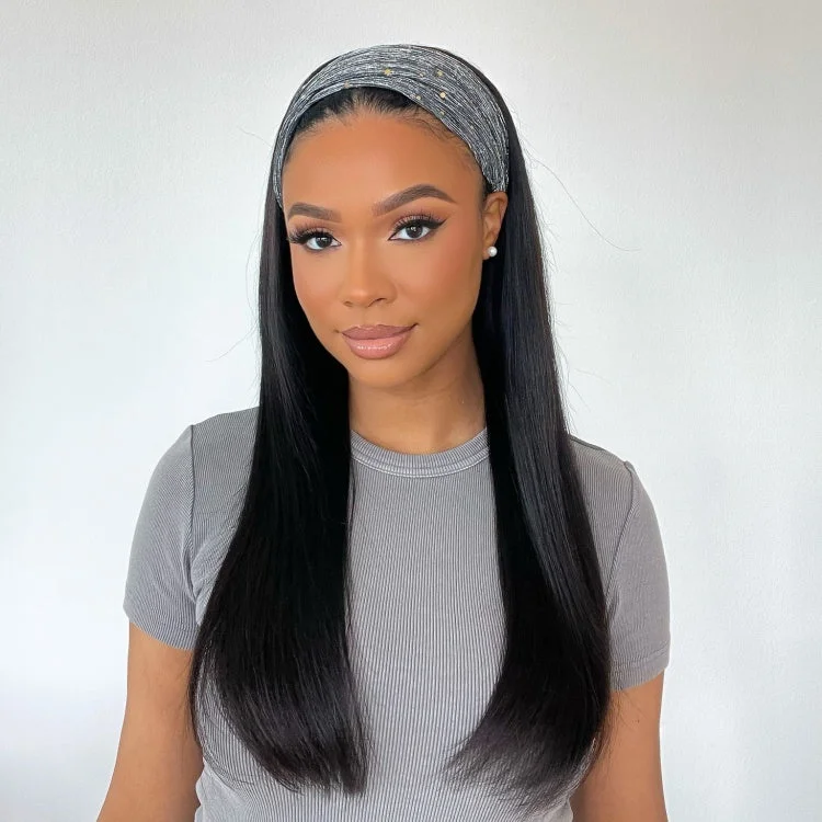 Straight wig for a back - to - school fresh look Headband Wig Straight Human Hair Wigs Sterly Headband Wig With Scarf 250% Density Straight wig for a back - to - school fresh look Headband Wig Straight Human Hair Wigs Sterly Headband Wig With Scarf 250% Density
