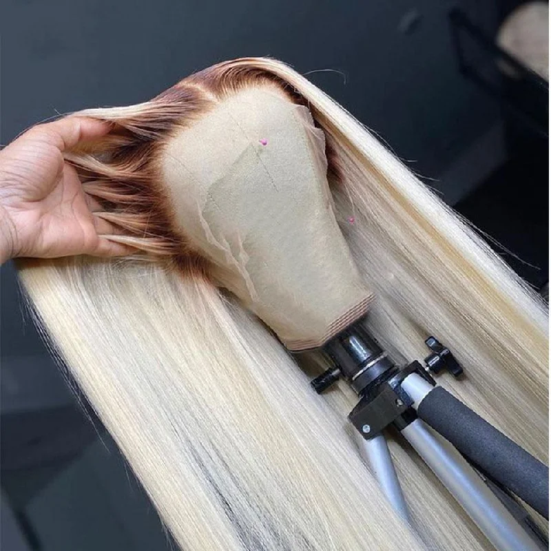 Colored wig with a straight texture for a sleek and minimalist look Honey Blonde Wig with #4 Dark Brown Root 100% Human Hair Colored wig with a straight texture for a sleek and minimalist look Honey Blonde Wig with #4 Dark Brown Root 100% Human Hair