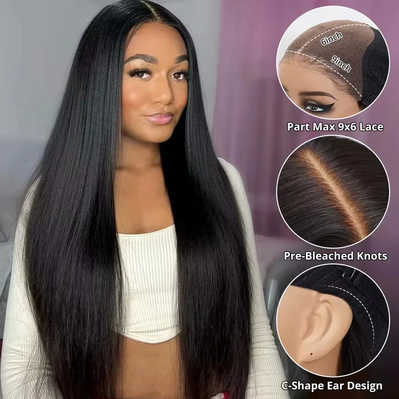Synthetic straight wig with heat - resistant fiber Glueless Straight Human Hair Wig 9x6 Lace Wig Pre Bleached Knots Ready to Go Wig Synthetic straight wig with heat - resistant fiber Glueless Straight Human Hair Wig 9x6 Lace Wig Pre Bleached Knots Ready to Go Wig