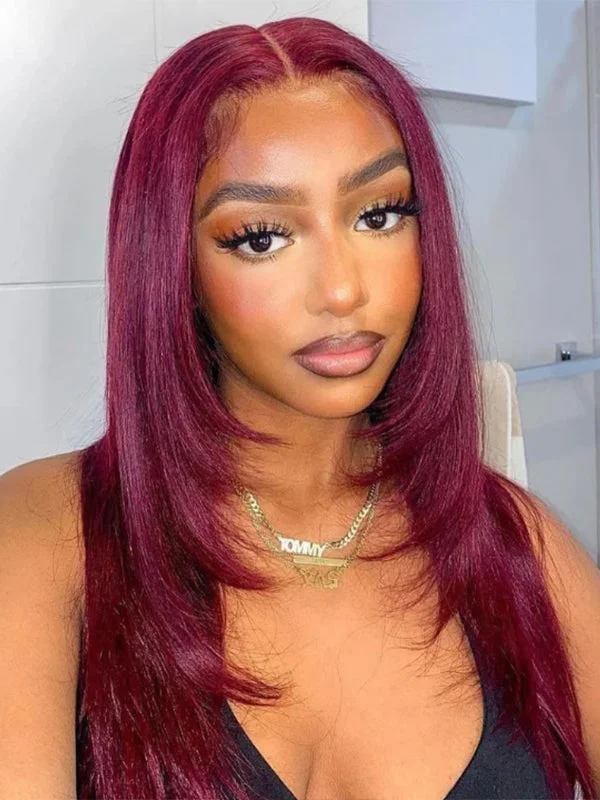 Synthetic colored wig with a heat - resistant formula for easy styling Wavymy Burgundy 99J Colored Layered Cut Wear Go Wigs Glueless Straight 4x6 Lace Closure Wig 180% Density Synthetic colored wig with a heat - resistant formula for easy styling Wavymy Burgundy 99J Colored Layered Cut Wear Go Wigs Glueless Straight 4x6 Lace Closure Wig 180% Density