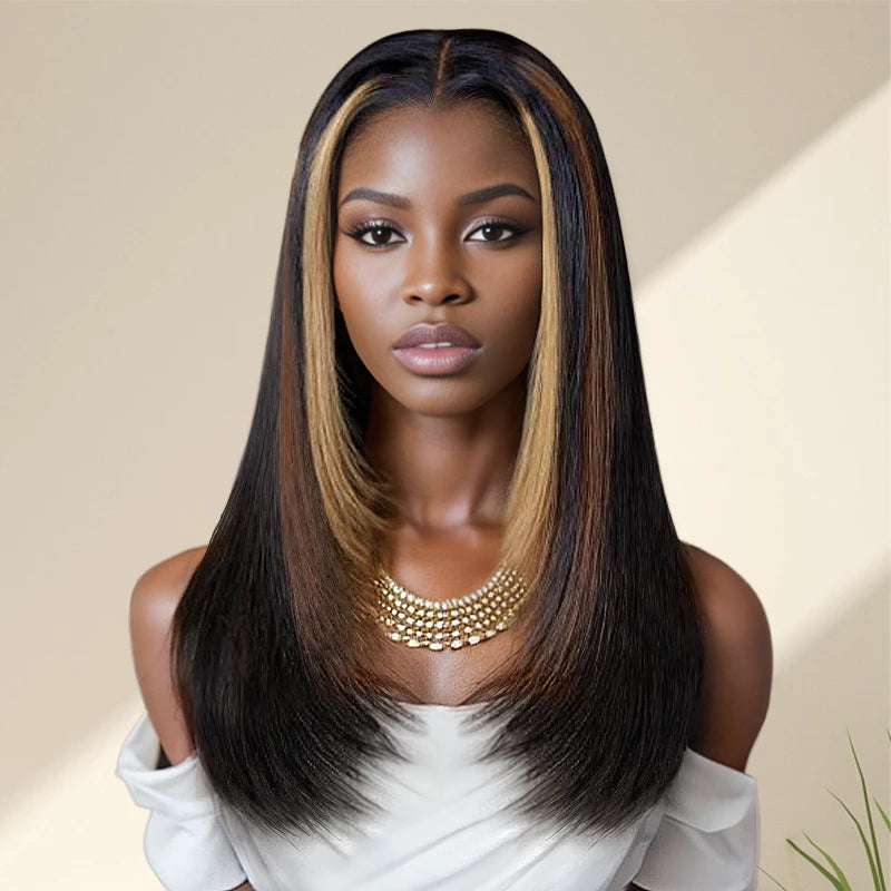 Synthetic straight wig with heat - resistant fiber 9x6 Glueless Layer Multi-Color Highlights Silky Straight Wig Synthetic straight wig with heat - resistant fiber 9x6 Glueless Layer Multi-Color Highlights Silky Straight Wig