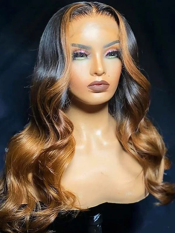Colored wig with a 150 - density for a full and thick appearance Junoda Skunk Stripe Color 27 Body Wave Wig Black Roots with Caramel Blonde Human Hair Wig Colored wig with a 150 - density for a full and thick appearance Junoda Skunk Stripe Color 27 Body Wave Wig Black Roots with Caramel Blonde Human Hair Wig