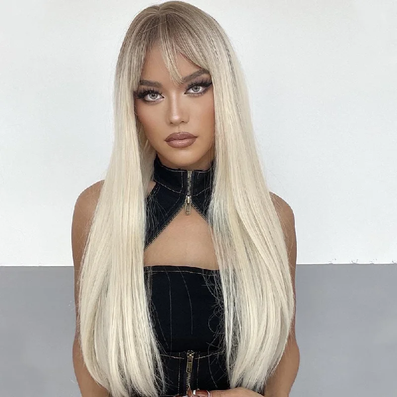 Human hair straight wig for a natural look 24 Inches Straight Long Silky Synthetic Wig With Bangs