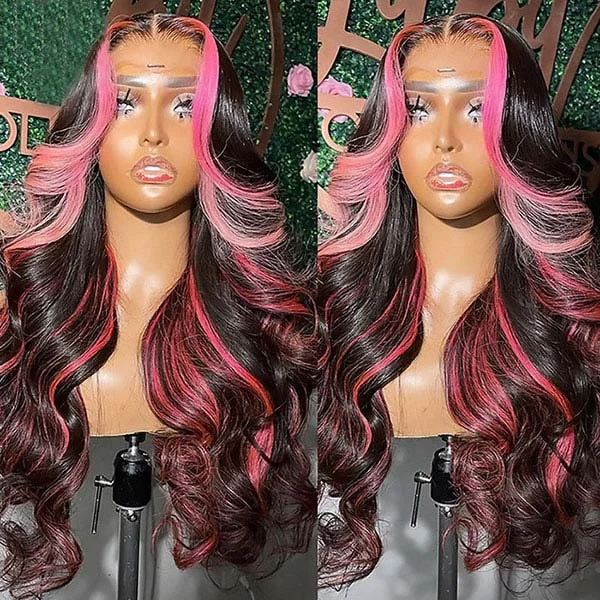 Adjustable - cap colored wig for a comfortable fit Junoda Highlight Pink Body Wave Wig Balayage Colored Human Hair Lace Front Wig