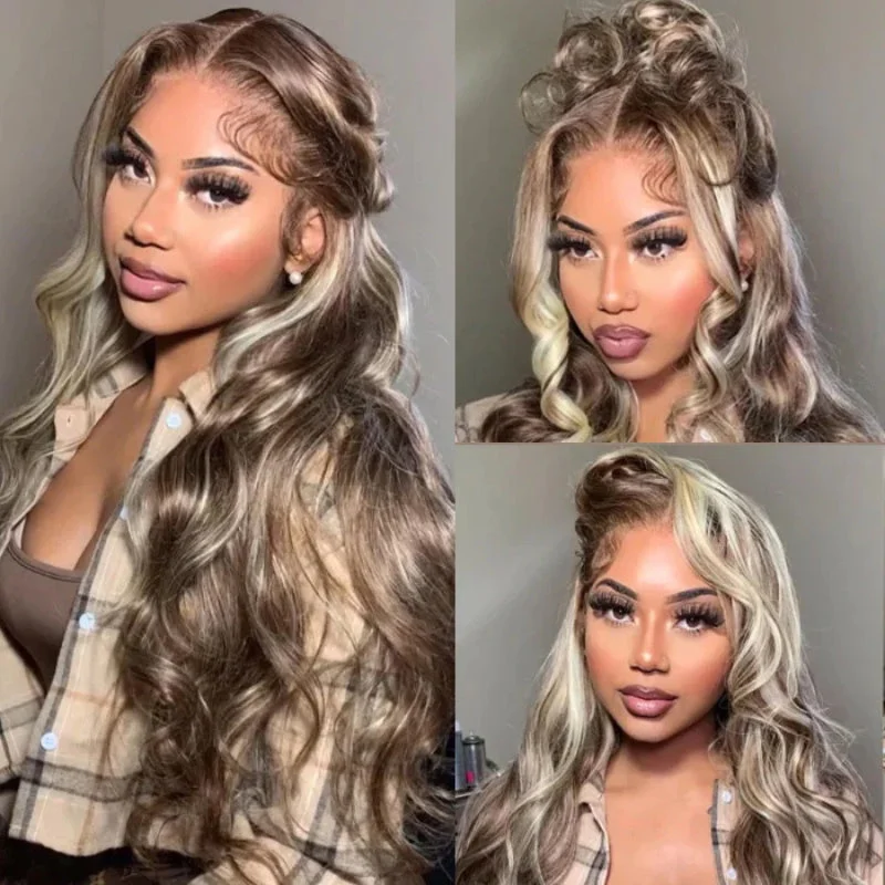 Short straight wig for a trendy and easy - to - manage look Sterly P6/613 Piano 13×4 Lace Frontal Wig Brown with Blonde Highlights Wig