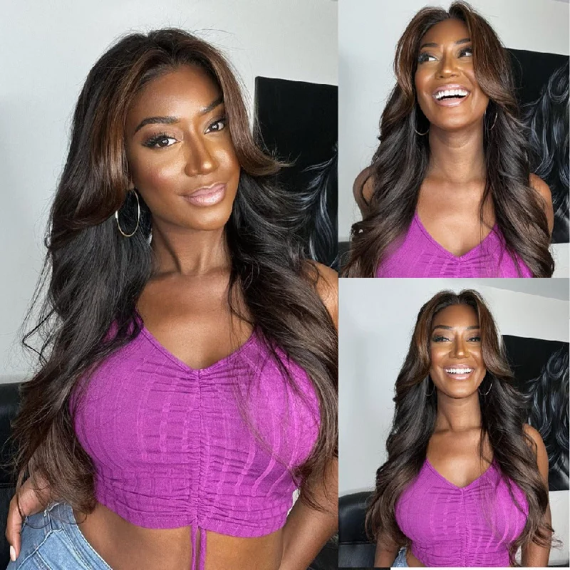 Colored wig with a silver - grey color for a trendy and cool - toned look Rich Honey Brown Ombre with Long Layered Curtain Bangs Lace Wig