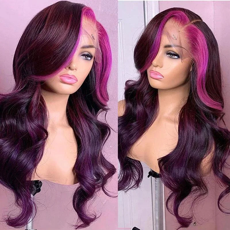 Colored wig with a blue - green ombre effect for a unique and trendy appearance Pink Purple Human Hair Wigs Pink Streak at Front Colored wig with a blue - green ombre effect for a unique and trendy appearance Pink Purple Human Hair Wigs Pink Streak at Front