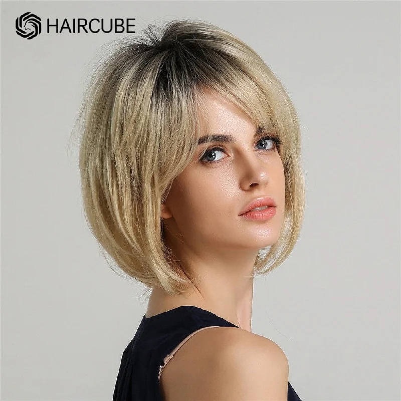 Straight wig for a back - to - school fresh look 9 Inches 30% Human Hair Ash Blonde With Dark Roots Wigs - Buffy
