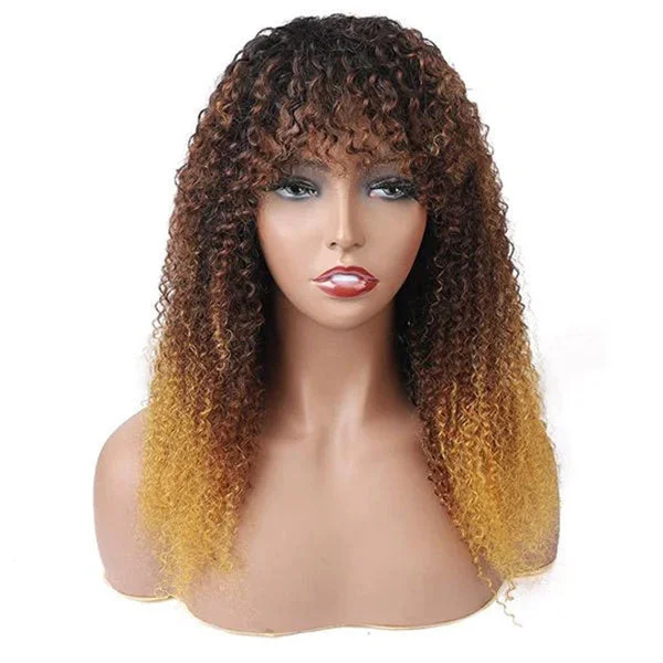 Colored wig with a 150 - density for a full and thick appearance Junoda T1B/4/27 Colored Kinky Curly Wig with Bangs Ombre Glueless Human Hair Wigs Colored wig with a 150 - density for a full and thick appearance Junoda T1B/4/27 Colored Kinky Curly Wig with Bangs Ombre Glueless Human Hair Wigs