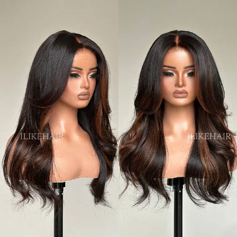 Colored wig with a curly texture for a bold and stylish choice Auburn Brown Highlights Layered Cut Wavy Lace Closure Wig Colored wig with a curly texture for a bold and stylish choice Auburn Brown Highlights Layered Cut Wavy Lace Closure Wig