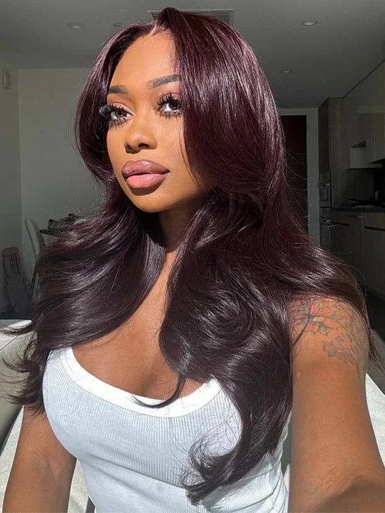 Colored wig with a side - part for a more flattering appearance Kisslove Glueless Invisi-Drawstring 360 Lace Wig Dark Plum Color Curtain Bangs & Layered Body Wave Wig Colored wig with a side - part for a more flattering appearance Kisslove Glueless Invisi-Drawstring 360 Lace Wig Dark Plum Color Curtain Bangs & Layered Body Wave Wig