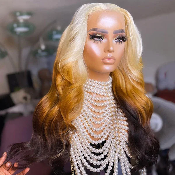 Human - hair colored wig for a natural and luxurious feel Junoda 613 Blonde Yellow Orange Brown Body Wave Lace Front Wig 3 Tone Colored Human Hair Wigs Human - hair colored wig for a natural and luxurious feel Junoda 613 Blonde Yellow Orange Brown Body Wave Lace Front Wig 3 Tone Colored Human Hair Wigs