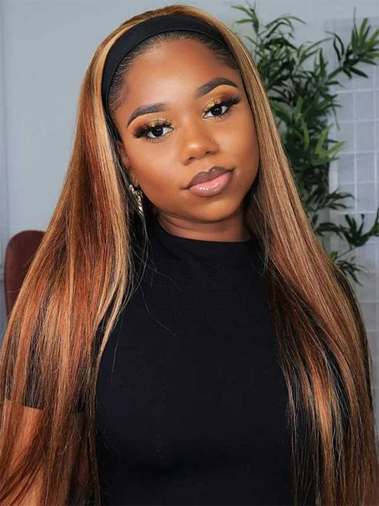 Colored wig with a 150 - density for a full and thick appearance Honey Blonde Highlight Straight Hair Headband Wigs Beginner Friendly Glueless Human Hair Wigs