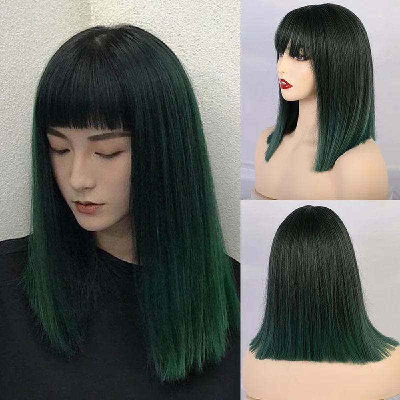 Synthetic straight wig with heat - resistant fiber 17 Inches Straight Black Green Synthetic Wig -Velma Synthetic straight wig with heat - resistant fiber 17 Inches Straight Black Green Synthetic Wig -Velma