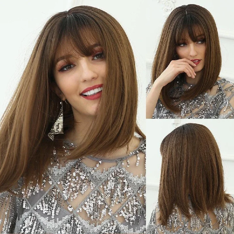 Ombre straight wig with a gradient color effect 15 inches Classic Straight Bob Wig With Bangs