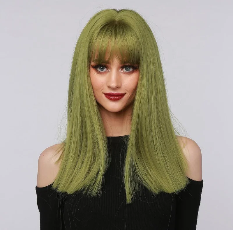 Straight wig that resists tangling for easy maintenance 19 Inches Lime Green with Bangs Synthetic Wig Straight wig that resists tangling for easy maintenance 19 Inches Lime Green with Bangs Synthetic Wig