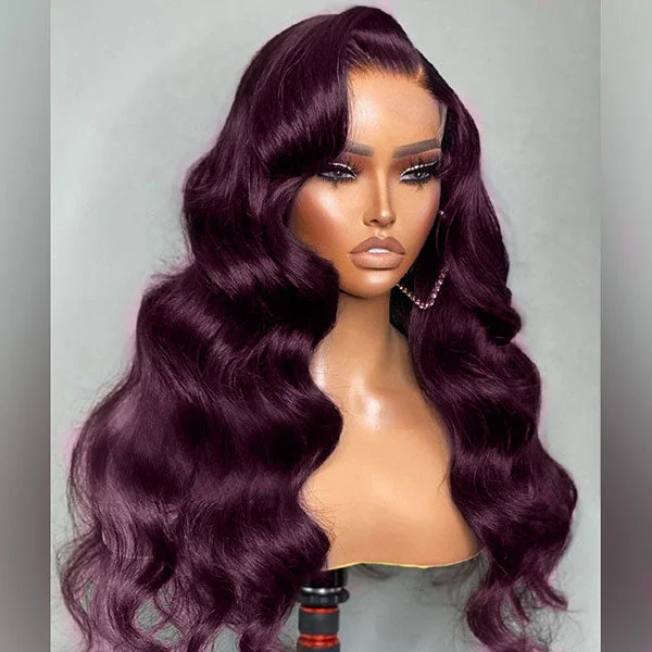 Adjustable - cap colored wig for a comfortable fit Junoda Dark Purple Plum Color Body Wave Human Hair Wigs Transparent Lace Frontal Wig Adjustable - cap colored wig for a comfortable fit Junoda Dark Purple Plum Color Body Wave Human Hair Wigs Transparent Lace Frontal Wig