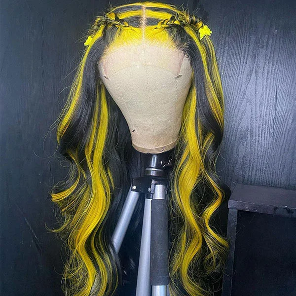 Colored wig with a wavy texture for a beachy and fun look Junoda Highlight Yelllow on Black Hair Body Wave Human Hair Wigs Piano Color Lace Wig Colored wig with a wavy texture for a beachy and fun look Junoda Highlight Yelllow on Black Hair Body Wave Human Hair Wigs Piano Color Lace Wig