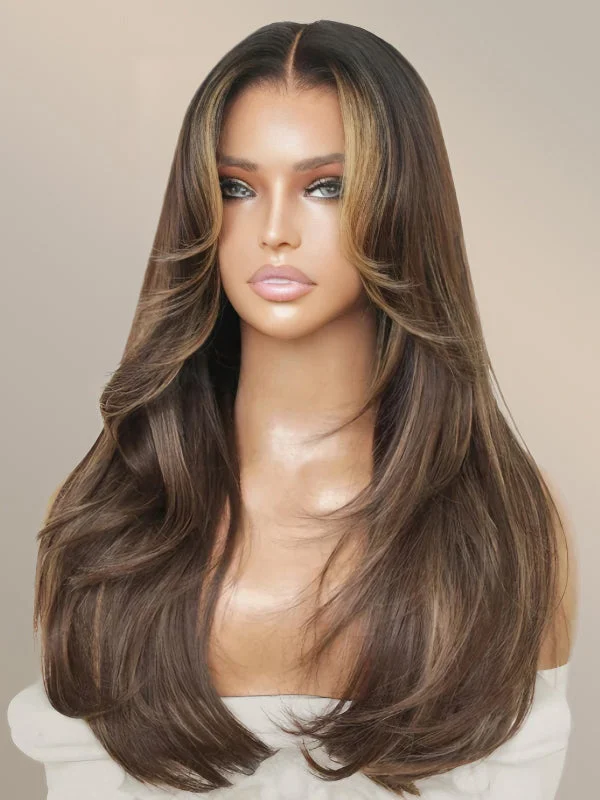 Synthetic colored wig with a heat - resistant formula for easy styling Wavymy Face-Framing Highlights Layered Cut Brown Hair Wear Go Glueless 7x5 Lace Pre-Bleached Wigs Human Hair Wigs