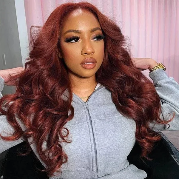 Colored wig with a side - part for a more flattering appearance Junoda Wear & Go Pre Cut Lace Wig Reddish Brown Body Wave 6"x4.5" Quick & Easy Glueless Wig Colored wig with a side - part for a more flattering appearance Junoda Wear & Go Pre Cut Lace Wig Reddish Brown Body Wave 6"x4.5" Quick & Easy Glueless Wig