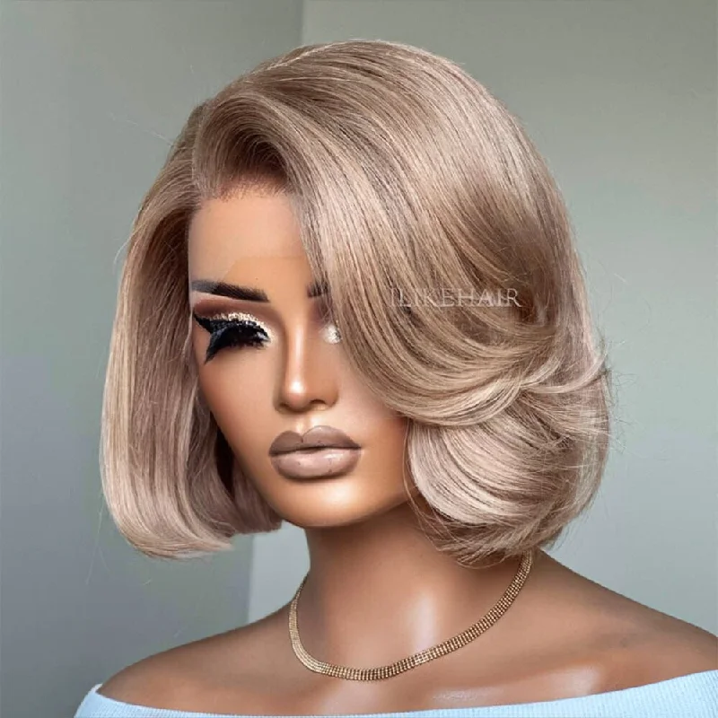 Colored wig with a curly texture for a bold and stylish choice Ash Blonde Side Part Layered Bob 13x4 Lace Front Wig Colored wig with a curly texture for a bold and stylish choice Ash Blonde Side Part Layered Bob 13x4 Lace Front Wig