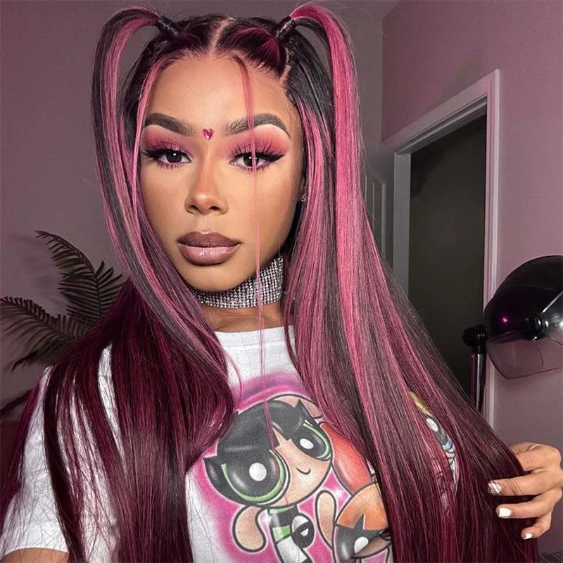 Straight wig with a blunt cut for a modern and edgy style Sterly Transparent Lace Black Hair With Red Purple Highlights Straight Human Hair Wigs Straight wig with a blunt cut for a modern and edgy style Sterly Transparent Lace Black Hair With Red Purple Highlights Straight Human Hair Wigs