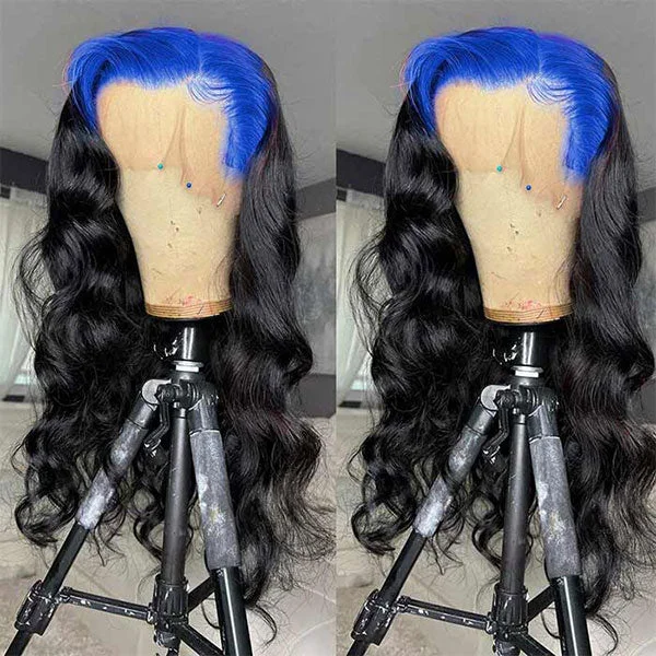Colored wig with a pre - plucked hairline for a more natural look Junoda Billie Eilish Hairstyle Hot Neno Blue Roots Color on Black Hair Skunk Body Wave Lace Wig