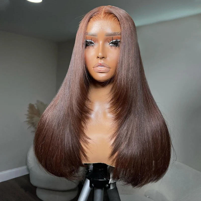 Straight wig for a night - out on the town Chocolate Brown Raw Hair Super Double Drawn Layered 13×6 Straight Human Hair Wigs 250% Density Straight wig for a night - out on the town Chocolate Brown Raw Hair Super Double Drawn Layered 13×6 Straight Human Hair Wigs 250% Density
