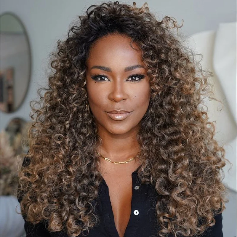 Human - hair colored wig for a natural and luxurious feel Glueless Honey Brown Mix Blonde Highlights Curly 5x5 Lace Closure Wig Human - hair colored wig for a natural and luxurious feel Glueless Honey Brown Mix Blonde Highlights Curly 5x5 Lace Closure Wig
