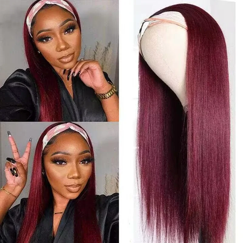 Clip - in straight wig for quick and temporary styling 99j Burgundy Headband Wig Straight Human Hair Wigs Sterly Headband Wig With Scarf 250% density Clip - in straight wig for quick and temporary styling 99j Burgundy Headband Wig Straight Human Hair Wigs Sterly Headband Wig With Scarf 250% density