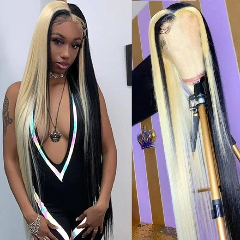 Colored wig with a middle - part for a classic and elegant style Half Black Half Blonde Wigs 100% Human Hair Colored wig with a middle - part for a classic and elegant style Half Black Half Blonde Wigs 100% Human Hair