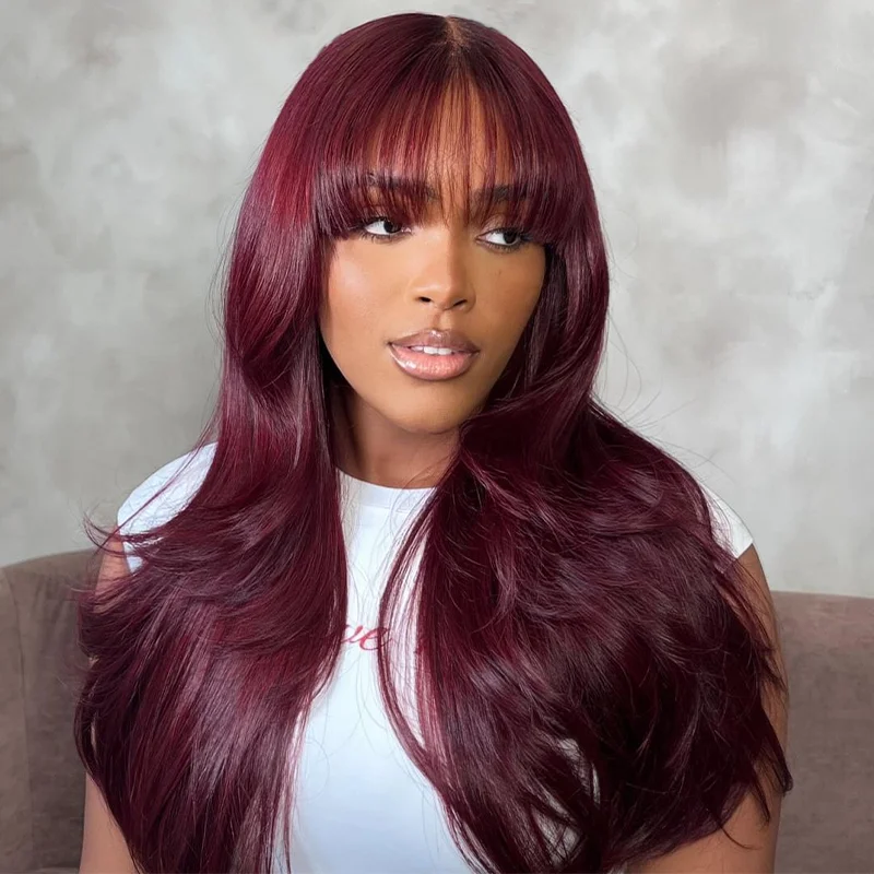 Straight wig for a role - playing game character Sterly Cranberry Color Ready To Go Glueless Wigs Pre-Bleched Knots Straight Human Hair Wigs With Bangs Straight wig for a role - playing game character Sterly Cranberry Color Ready To Go Glueless Wigs Pre-Bleched Knots Straight Human Hair Wigs With Bangs